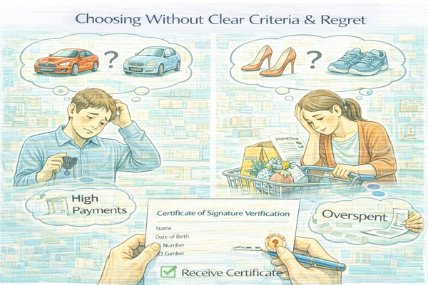 기준 없는 판단으로 선택 후 후회를 고민하는 일상 상황