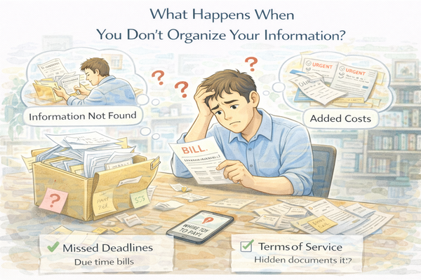 생활 정보 정리를 하지 않아 필요한 정보를 찾지 못해 불편을 겪는 상황