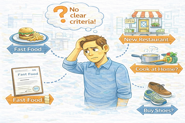 일상 판단 기준이 없어 여러 선택지 앞에서 고민하는 모습