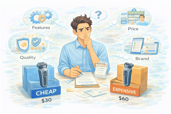 구매 전 확인 기준을 고민하며 제품 선택을 비교하는 소비자 상황